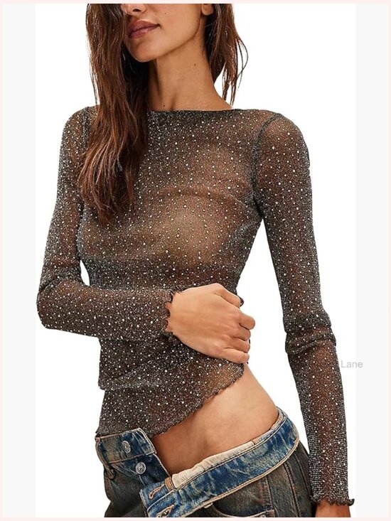 Tops - Lace Rhinestone Sparkly See Through Mesh Blouse Long Sleeve Boat Neck Layering